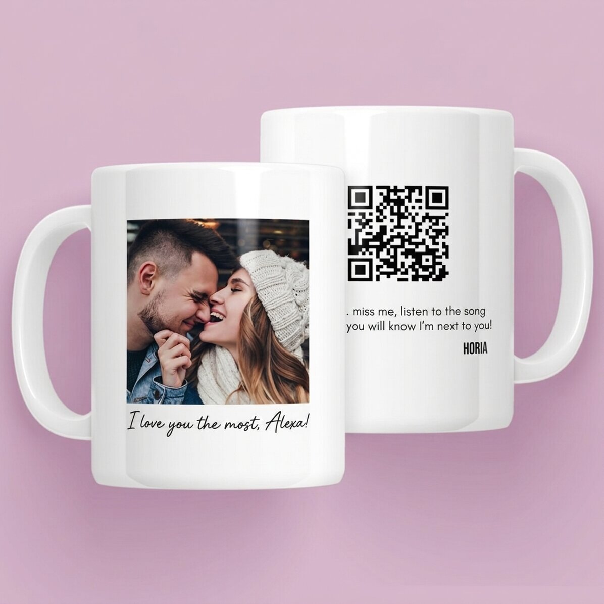 Tasse personnalisée avec une photo, un message et un code QR