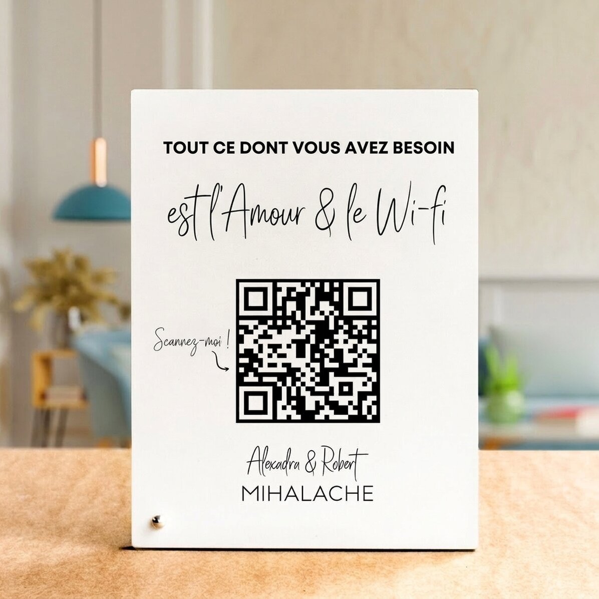 Cadre photo de bureau personnalisé avec texte et code QR - « Scan for Wifi » (fond blanc)