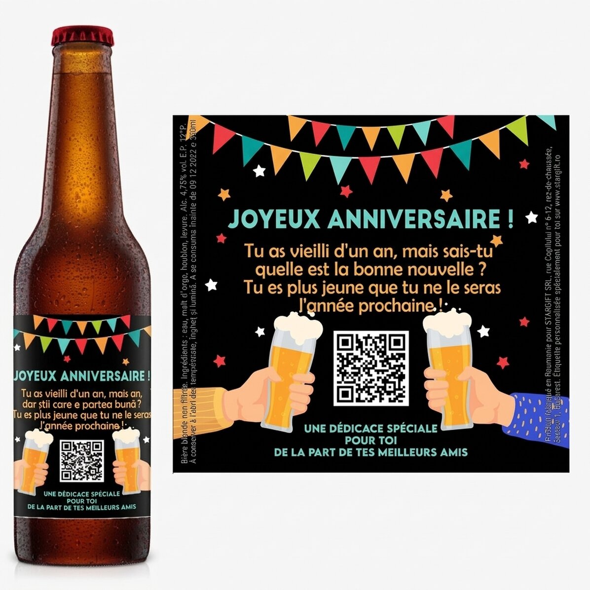 Bière personnalisée avec un code QR et un message - Joyeux anniversaire