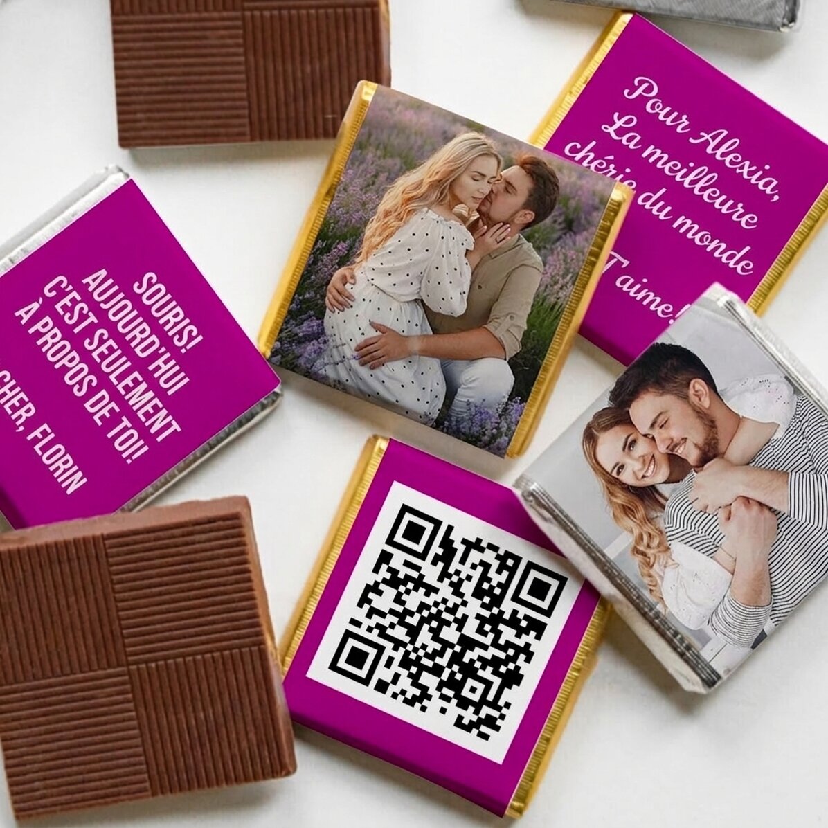 Lot de 5 mini-chocolats personnalisés avec des photos, un code QR et un texte - Pour un être cher