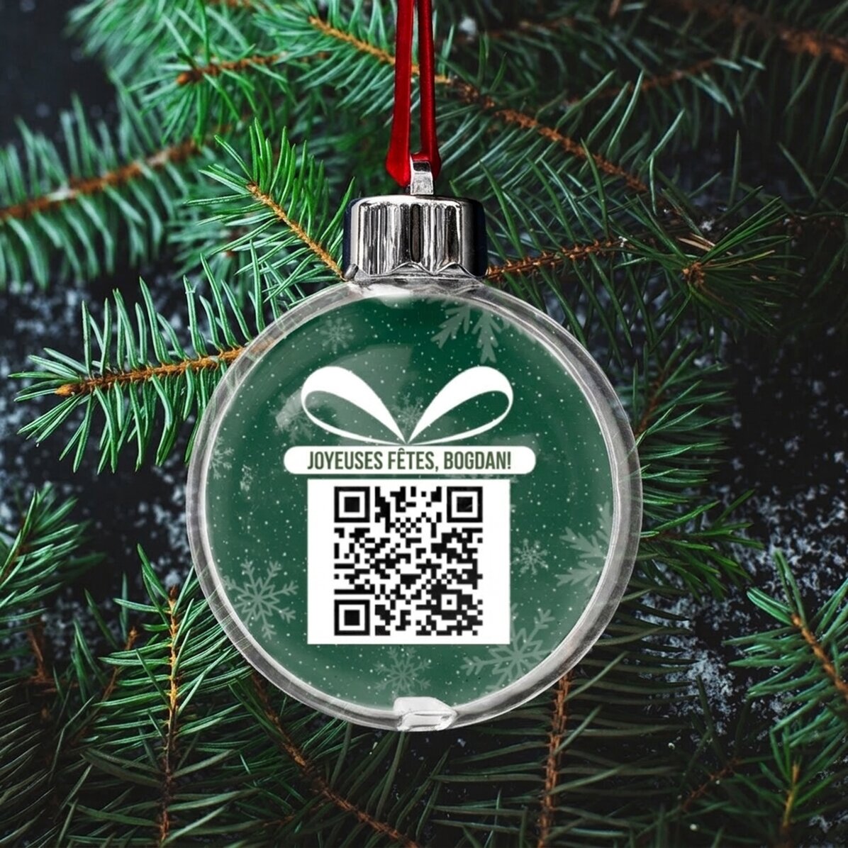 Globe transparent personnalisé recto-verso avec une photo et un code QR