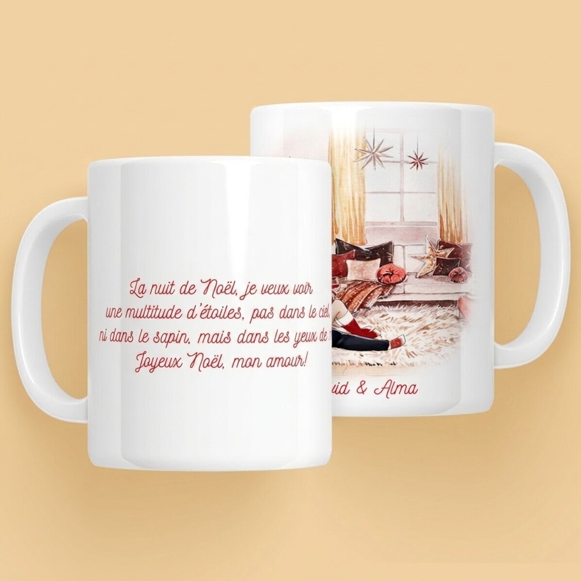 Tasse personnalisée avec un prénom et un message pour un couple - Notre merveilleux Noël