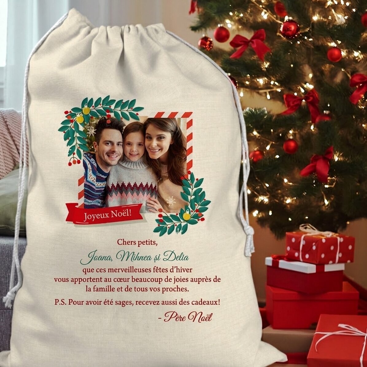 Sac cadeau personnalisé avec une photo et un message du Père Noël