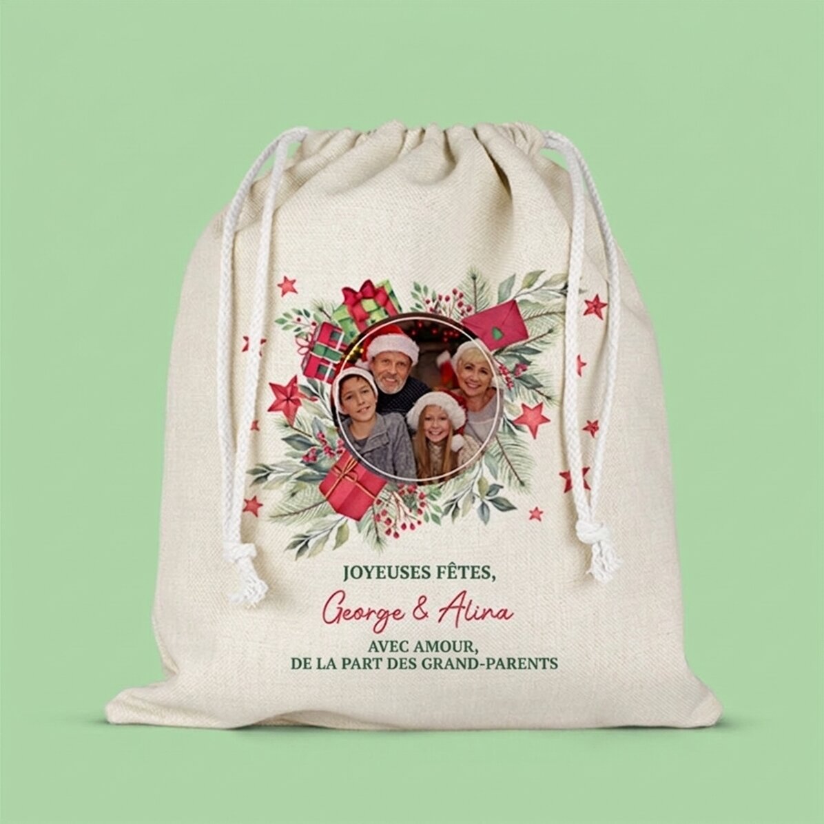 Petit sac cadeau de taille moyenne personnalisé avec une photo et un texte