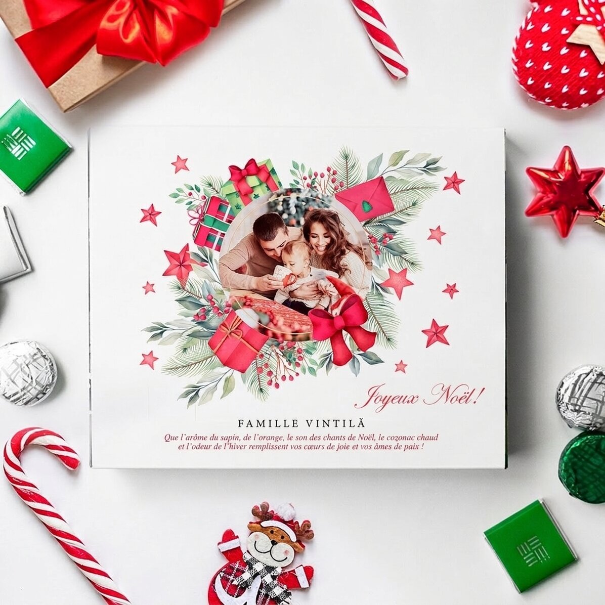 Boîte de bonbons personnalisée avec texte et photo - Vœux de Noël