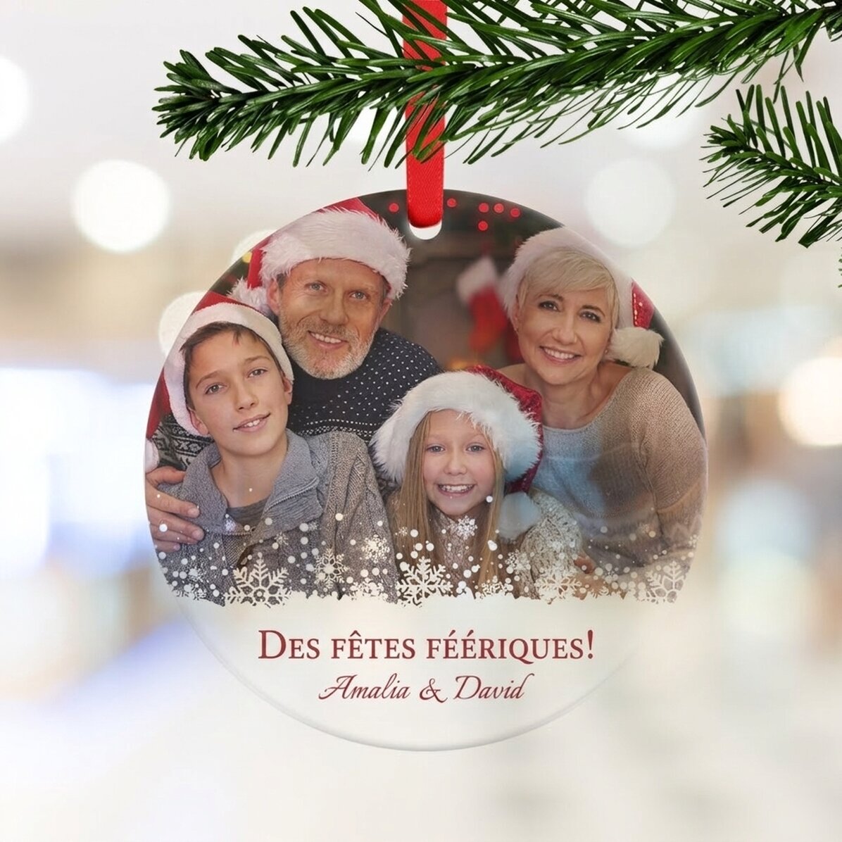 Décoration ronde personnalisée avec une photo et un message de Noël