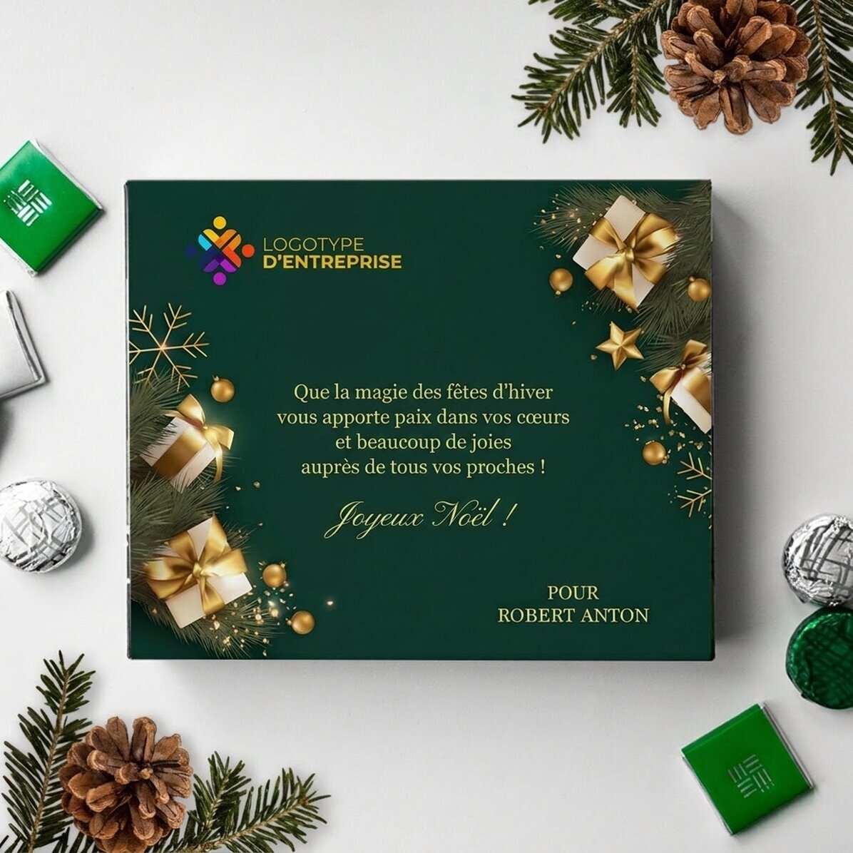Boîte de bonbons personnalisée avec logo et texte - Joyeuses fêtes