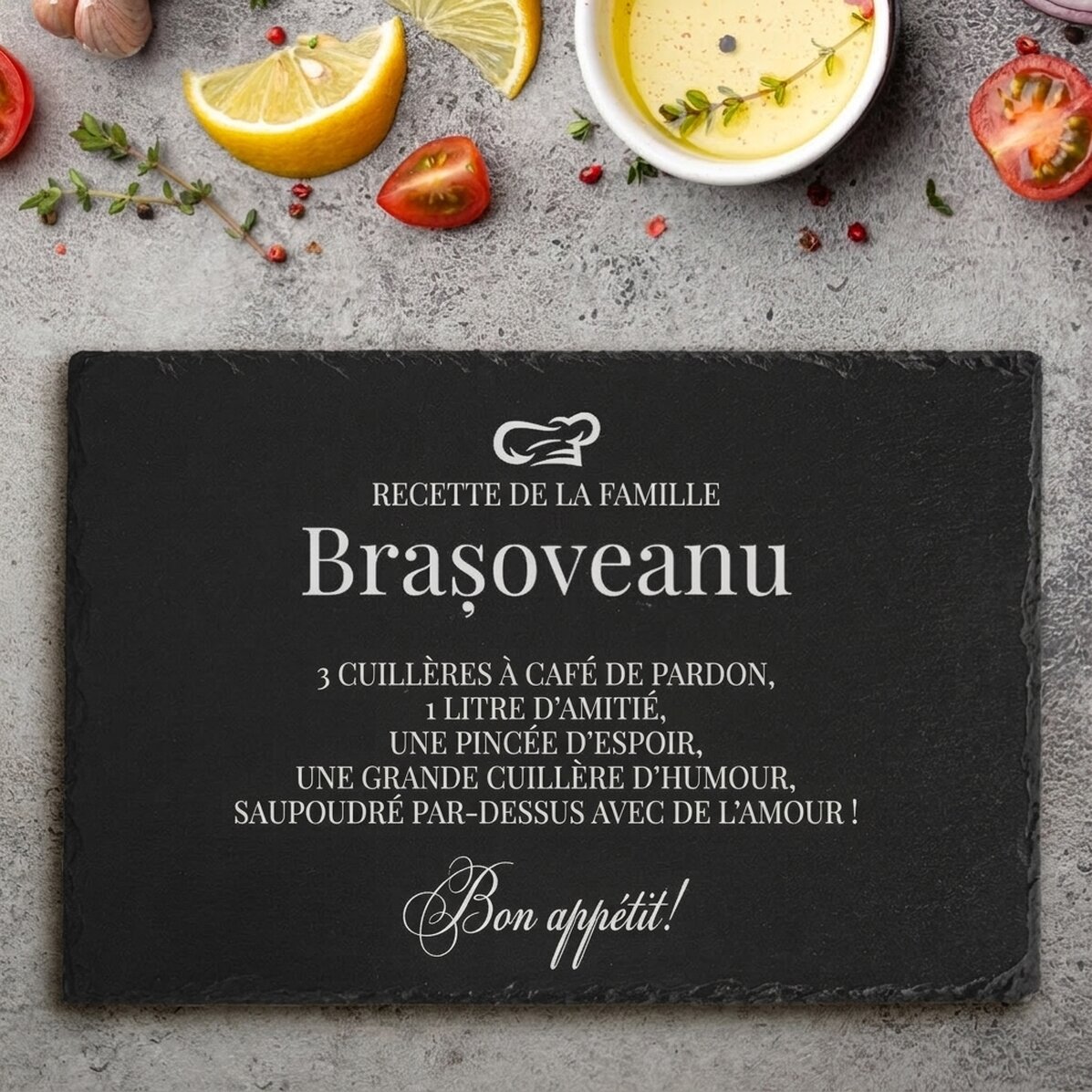 Plaque en ardoise gravée et personnalisée avec un texte - Recette de famille
