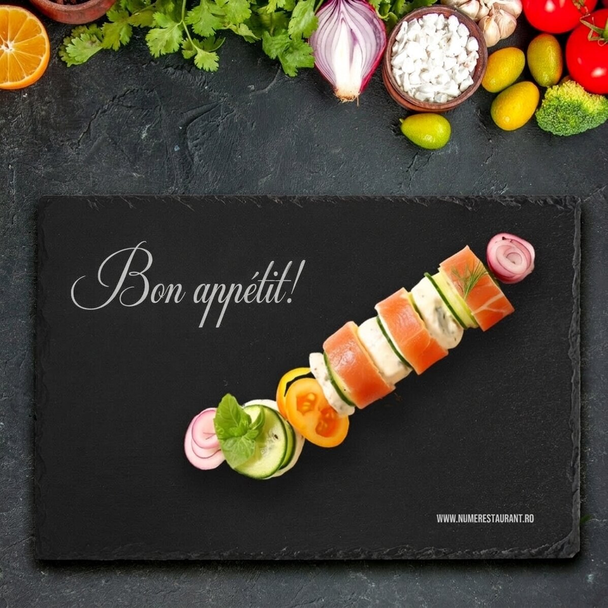 Plaque en ardoise gravée et personnalisée avec le texte « Bon appétit » - Restaurant