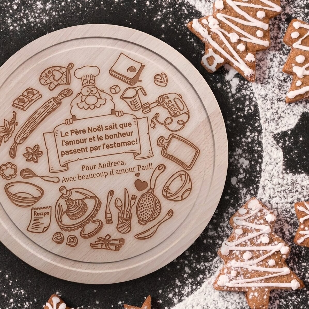 Planche à découper ronde personnalisée - Le cuisinier de Noël