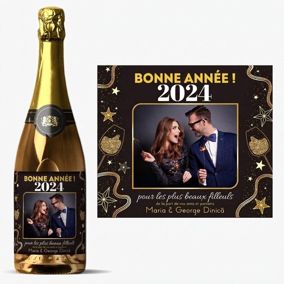 Vin mousseux personnalisé avec un message et une photo - Joyeux anniversaire ! 2024