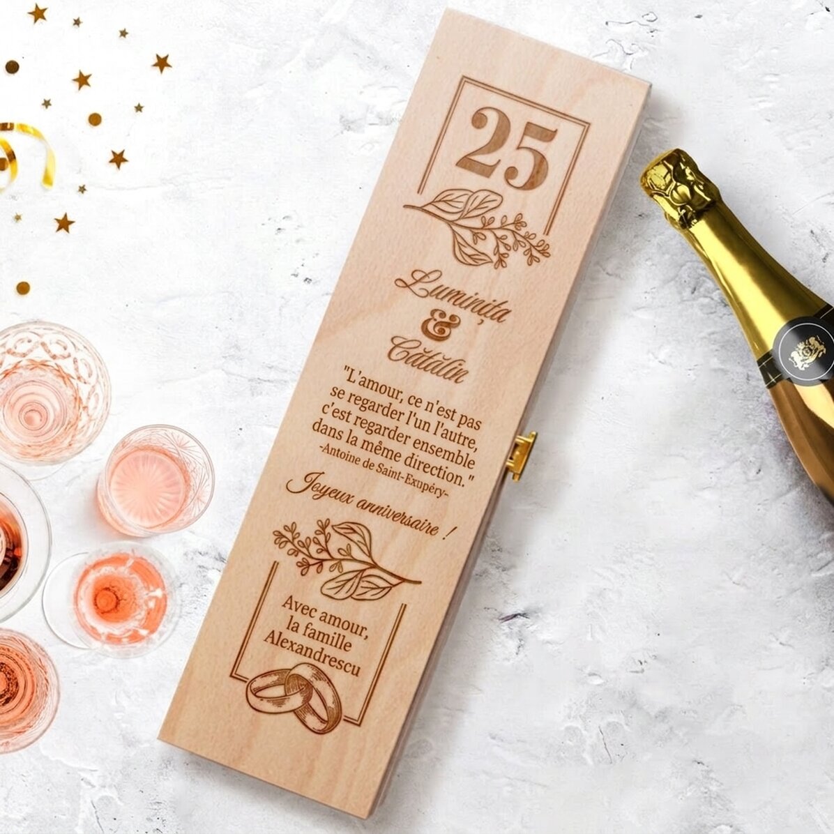 Caisse de vin mousseux personnalisée - modèle pour un anniversaire de mariage