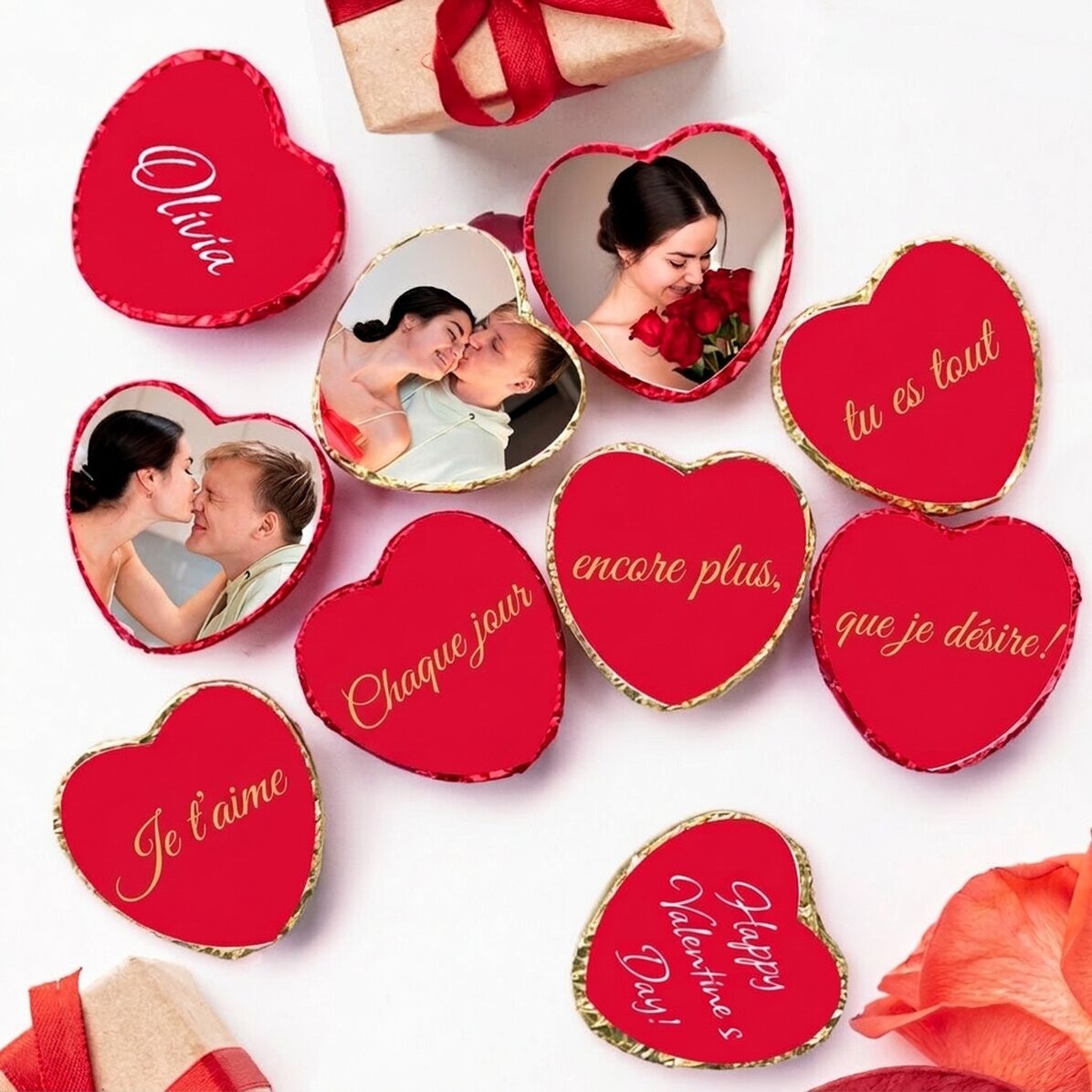 Lot de 10 mini-chocolats en forme de cœur personnalisés avec des photos et du texte - Message caché