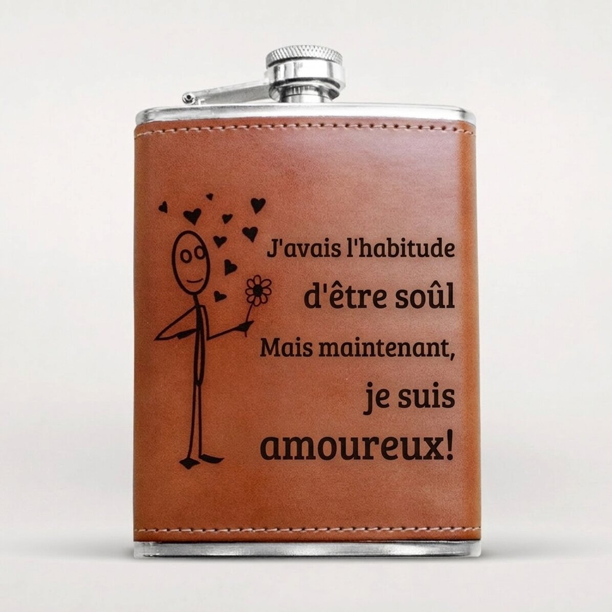 Flacon de poche recouvert de cuir, personnalisé avec un message - Amoureux