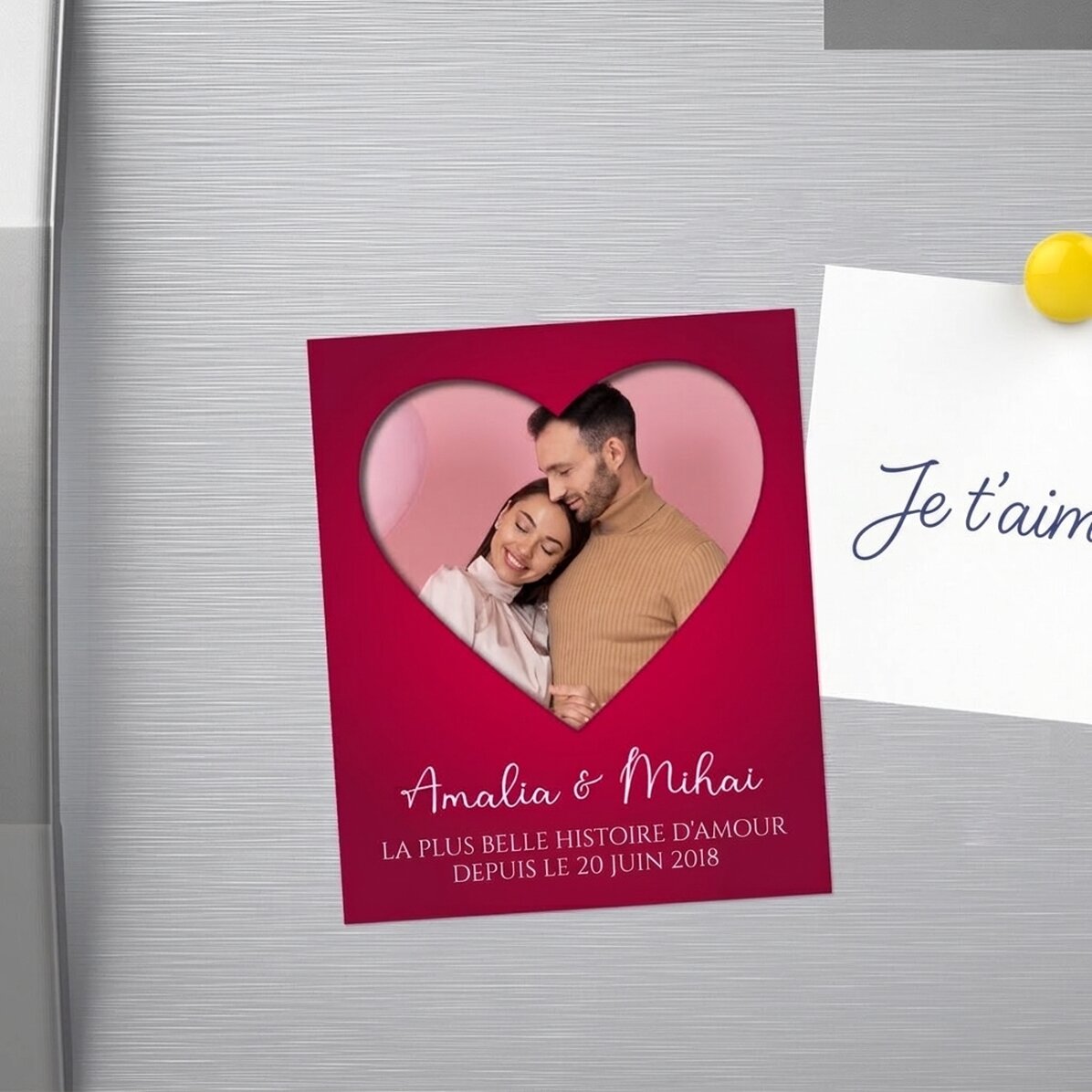 Aimant personnalisé de 10 x 12 cm avec une photo et un texte - In love