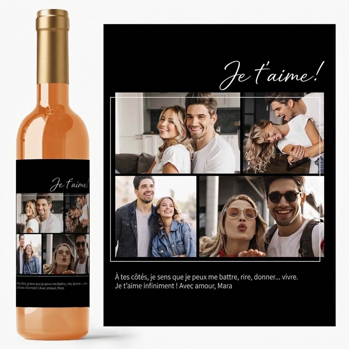 Vin personnalisé avec 4 photos et un texte pour mon chéri