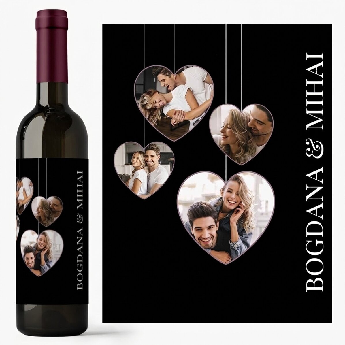 Vin personnalisé avec 4 photos en forme de cœur pour un couple