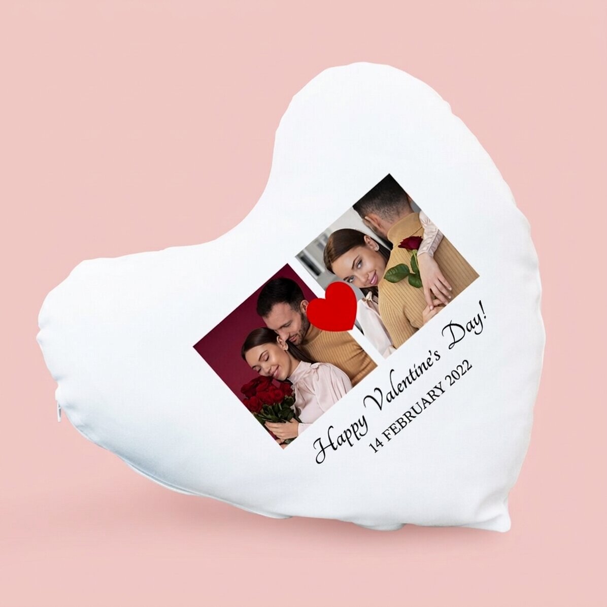 Coussin personnalisé en forme de cœur avec 2 photos et un texte