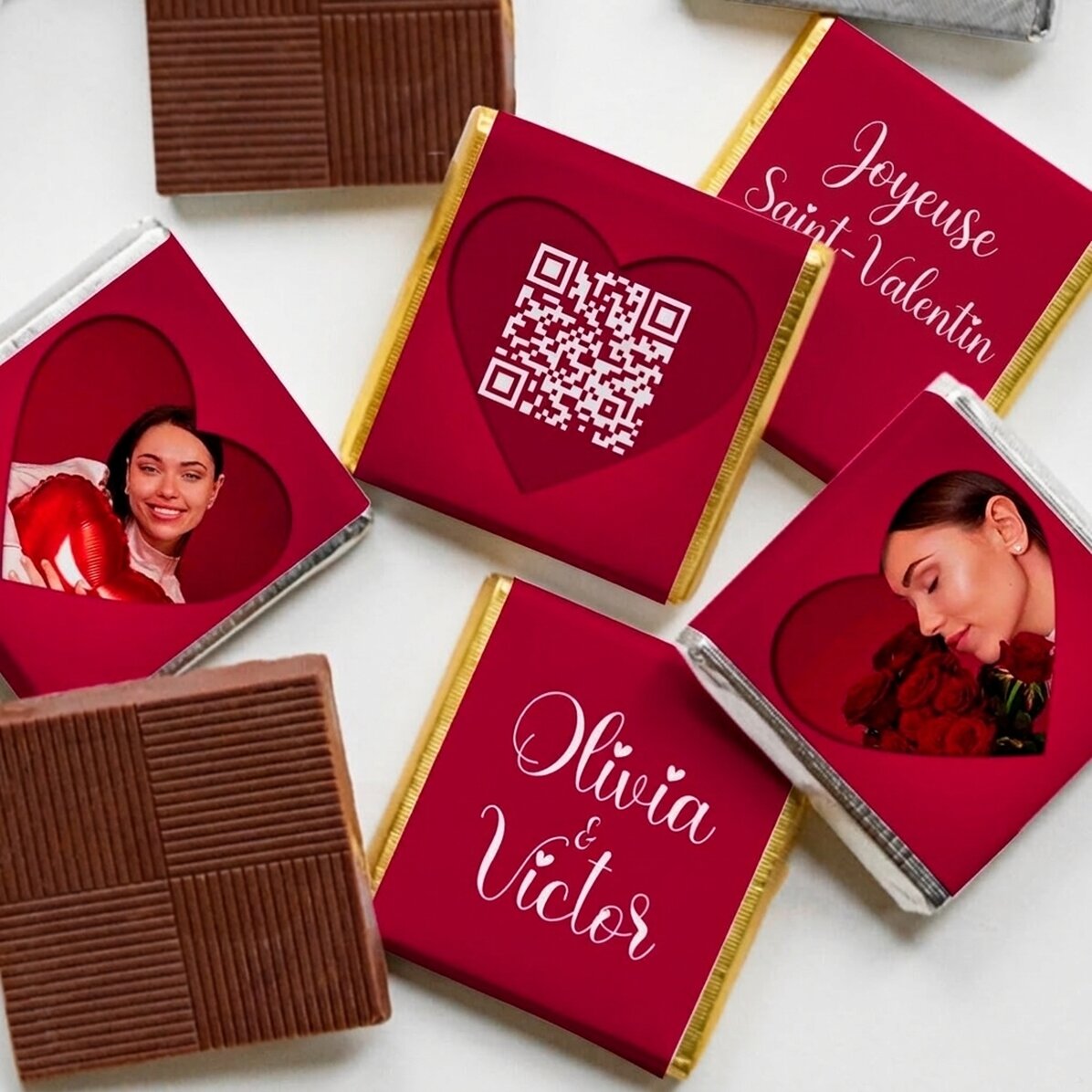Lot de 5 mini-chocolats personnalisés avec des photos, un code QR et un texte - Love