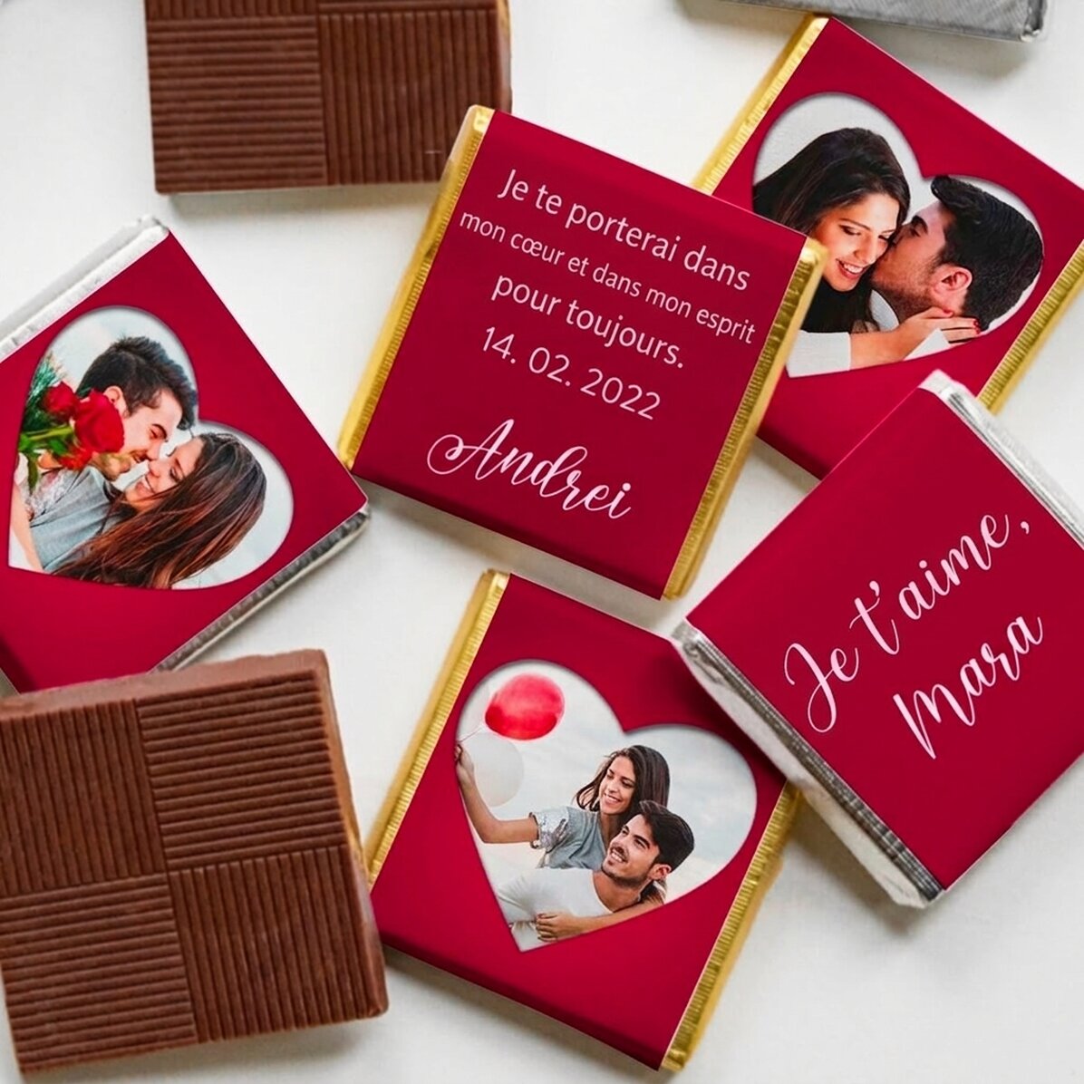 Lot de 5 mini-chocolats personnalisés avec photos et texte - Love
