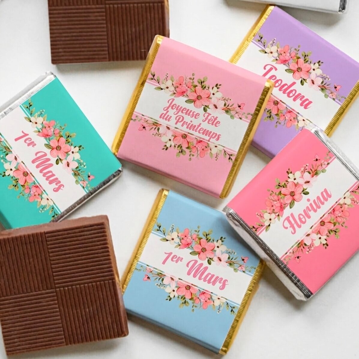 Mini-chocolat personnalisé avec un prénom - Fleurs de printemps