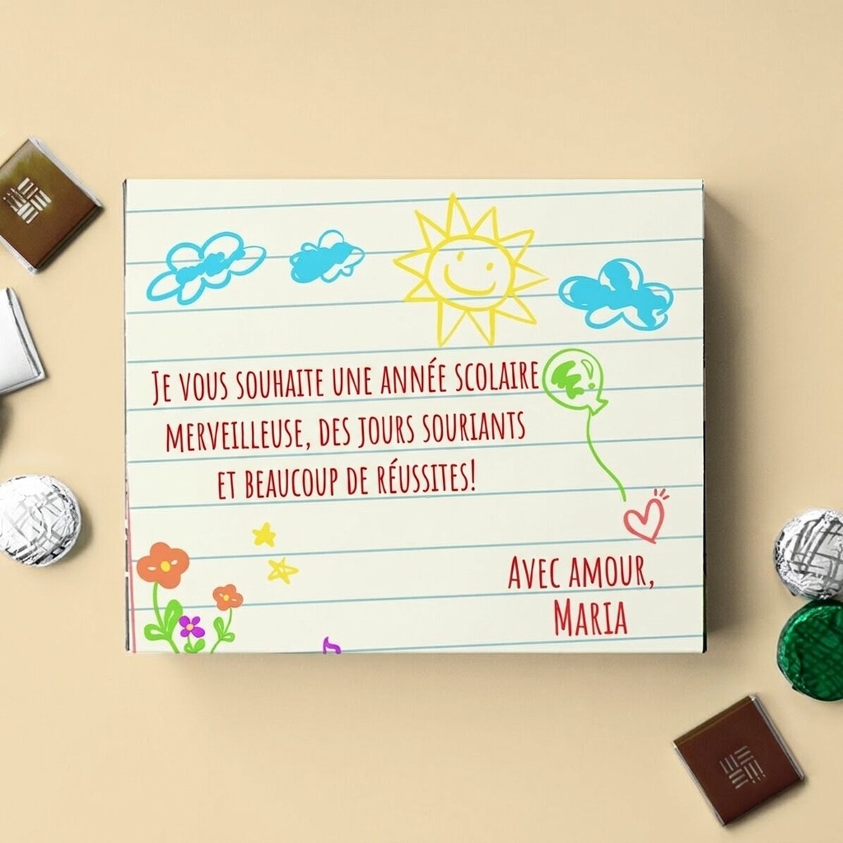 Boîte de bonbons personnalisée avec un message pour une enseignante de maternelle