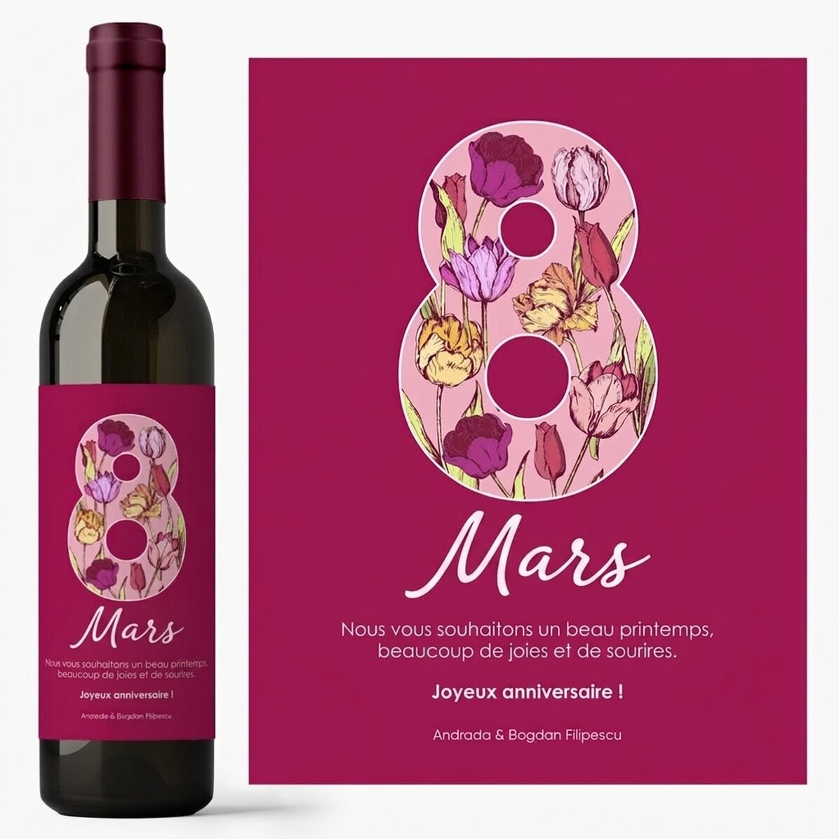 Vin personnalisé avec un message pour le 8 mars
