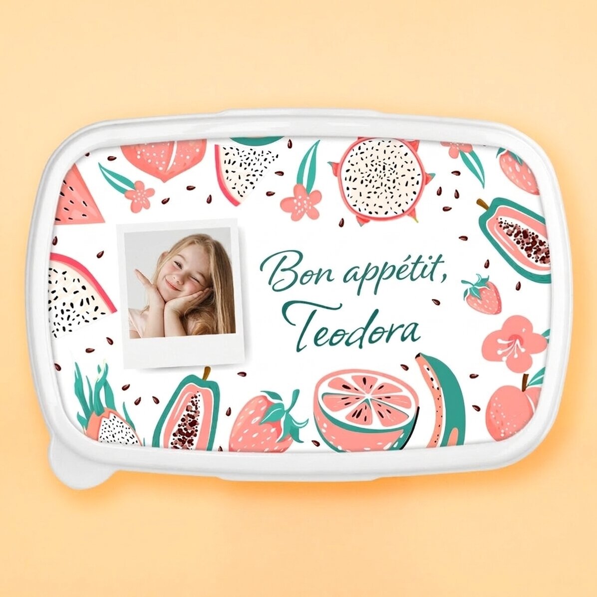 Boîte à repas, barquette personnalisée avec une photo et un message - Fruits