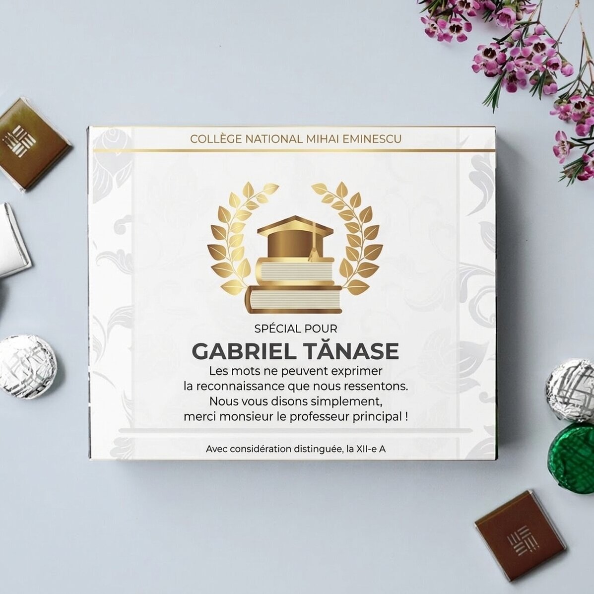 Boîte de bonbons personnalisée avec un message pour un professeur – Modèle « Remise des diplômes »