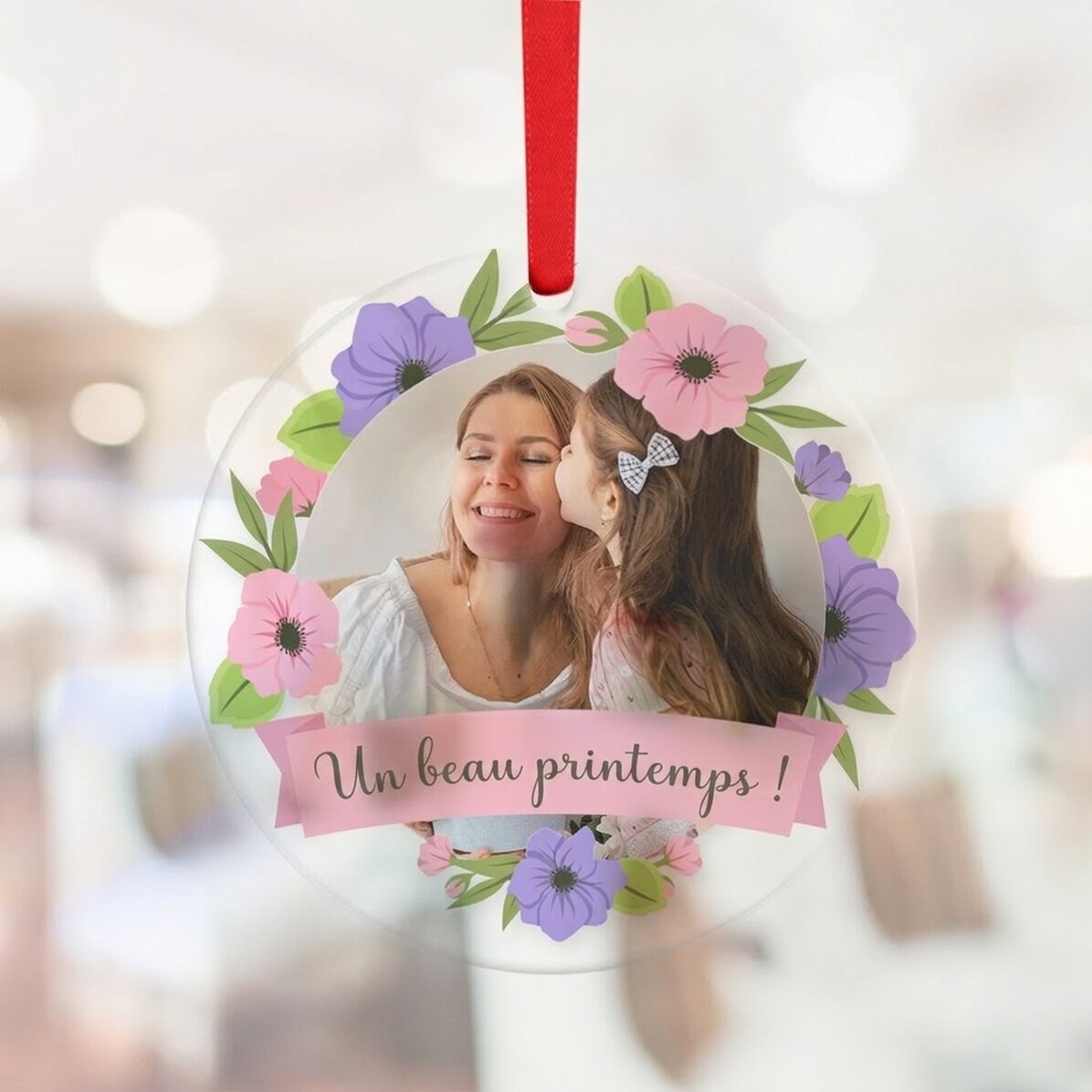 Décoration ronde personnalisée avec une photo et un texte - Motif floral