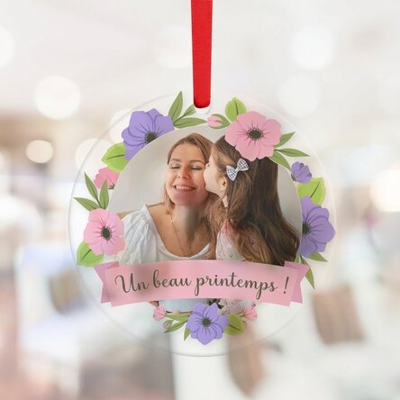 Décoration ronde personnalisée avec une photo et un texte - Motif floral