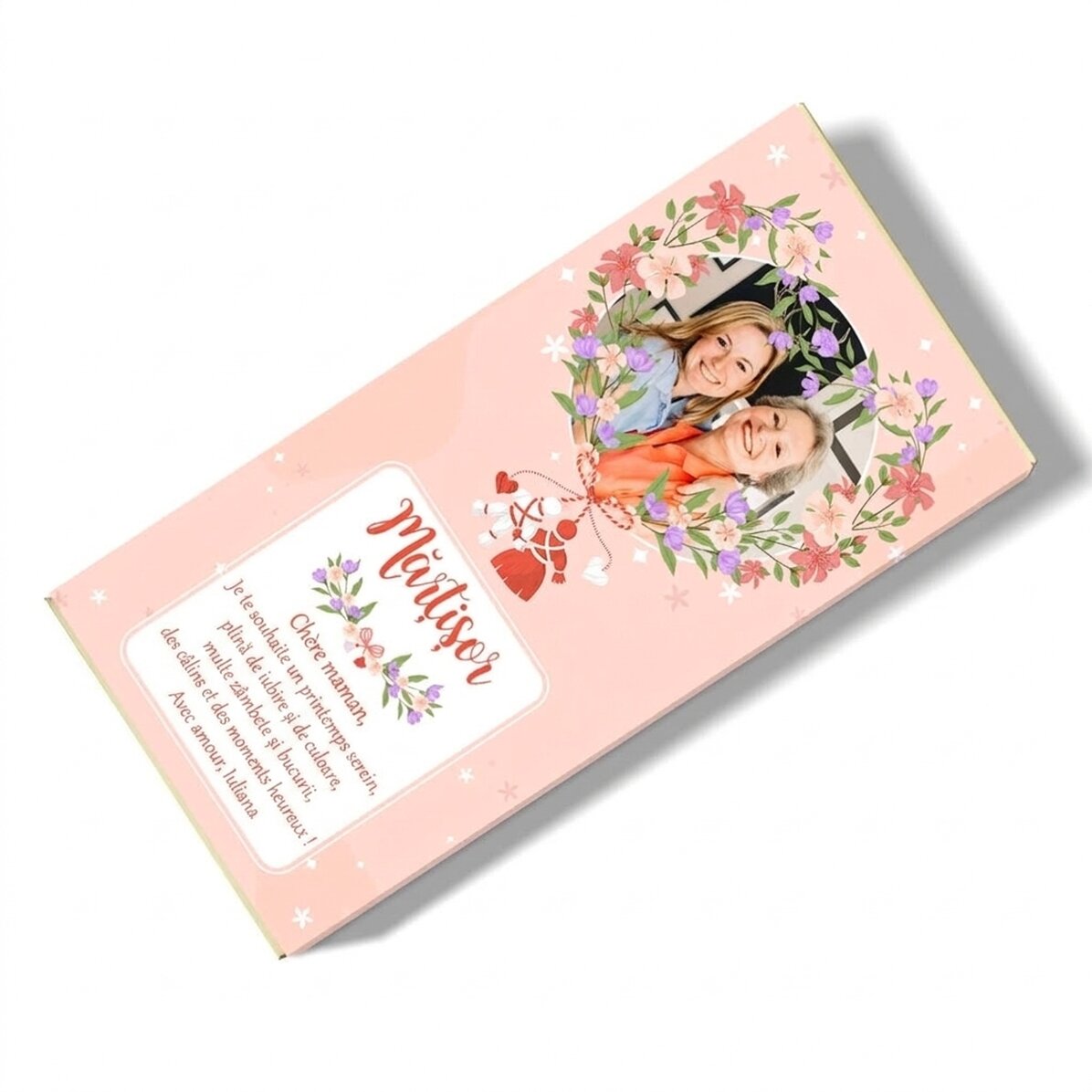 Chocolat personnalisé avec une photo et un message fleuri
