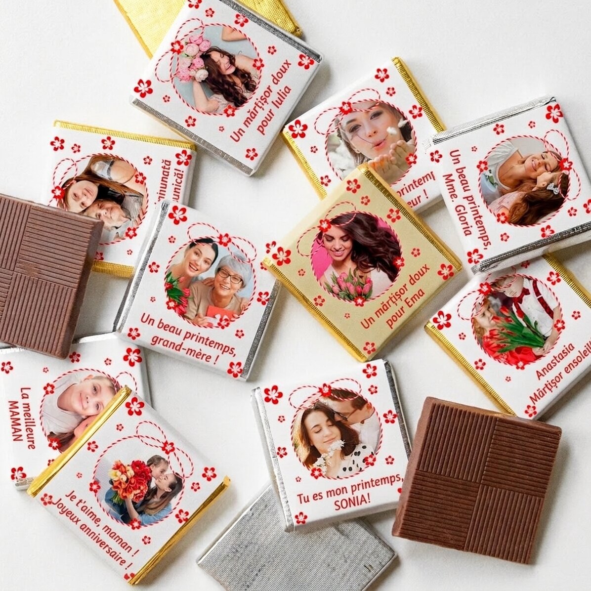 Lot de 10 mini-chocolats personnalisés avec des photos et du texte