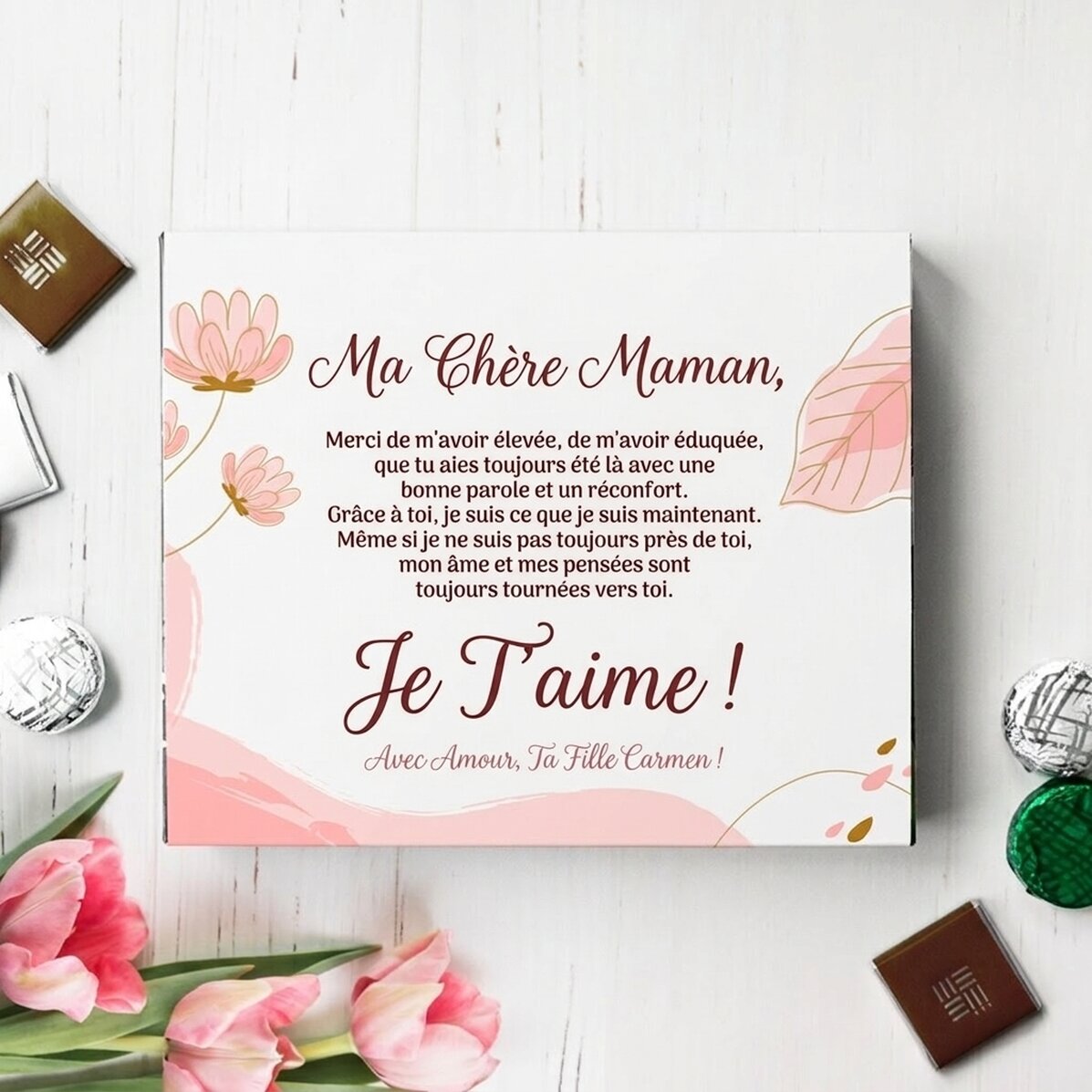 Boîte de bonbons personnalisée avec le texte : « Ma chère maman ! »