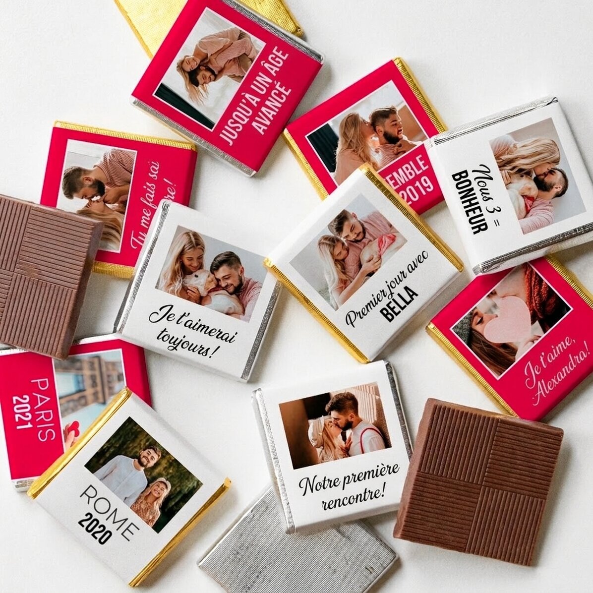 Lot de 10 mini-chocolats personnalisés avec des photos et du texte