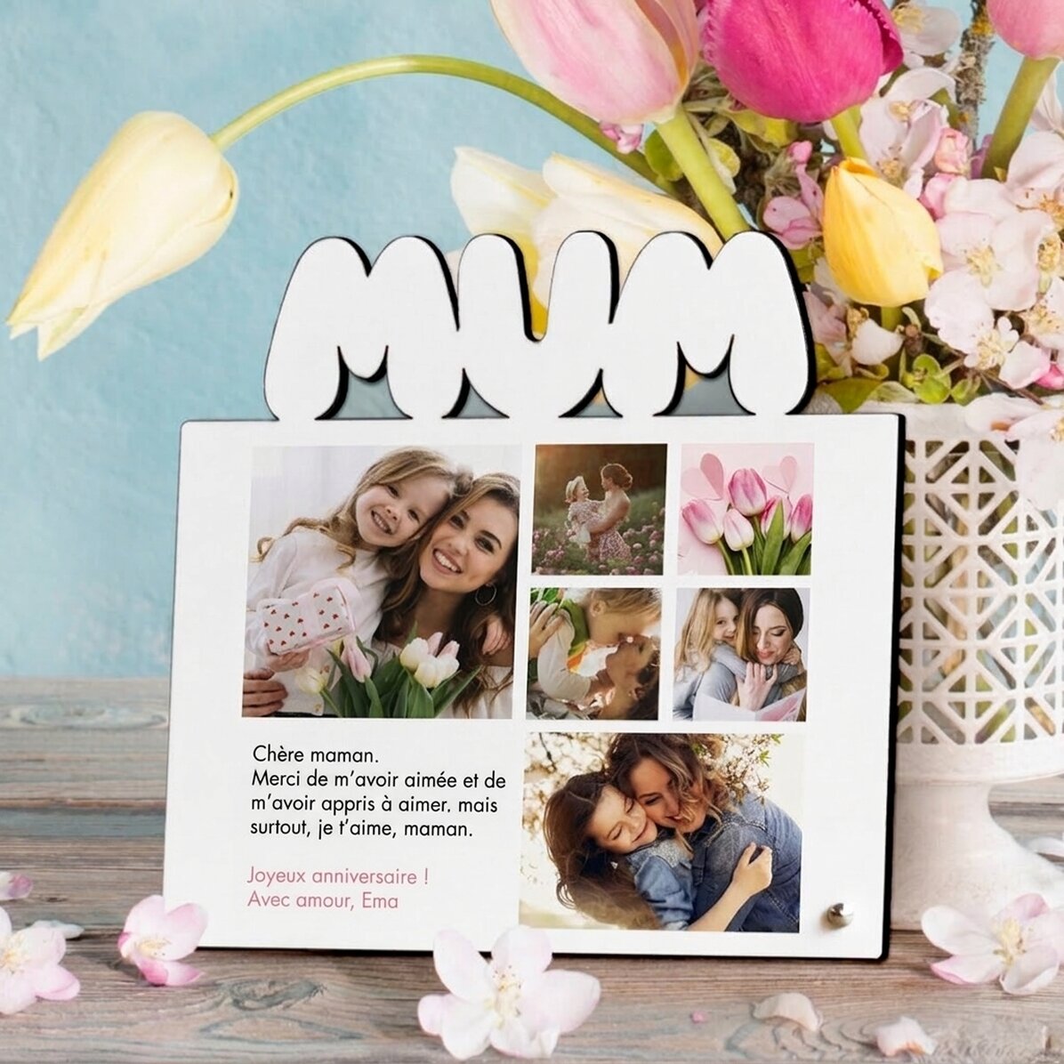 Cadre photo de bureau personnalisé avec 6 photos et un message pour maman - modèle MUM