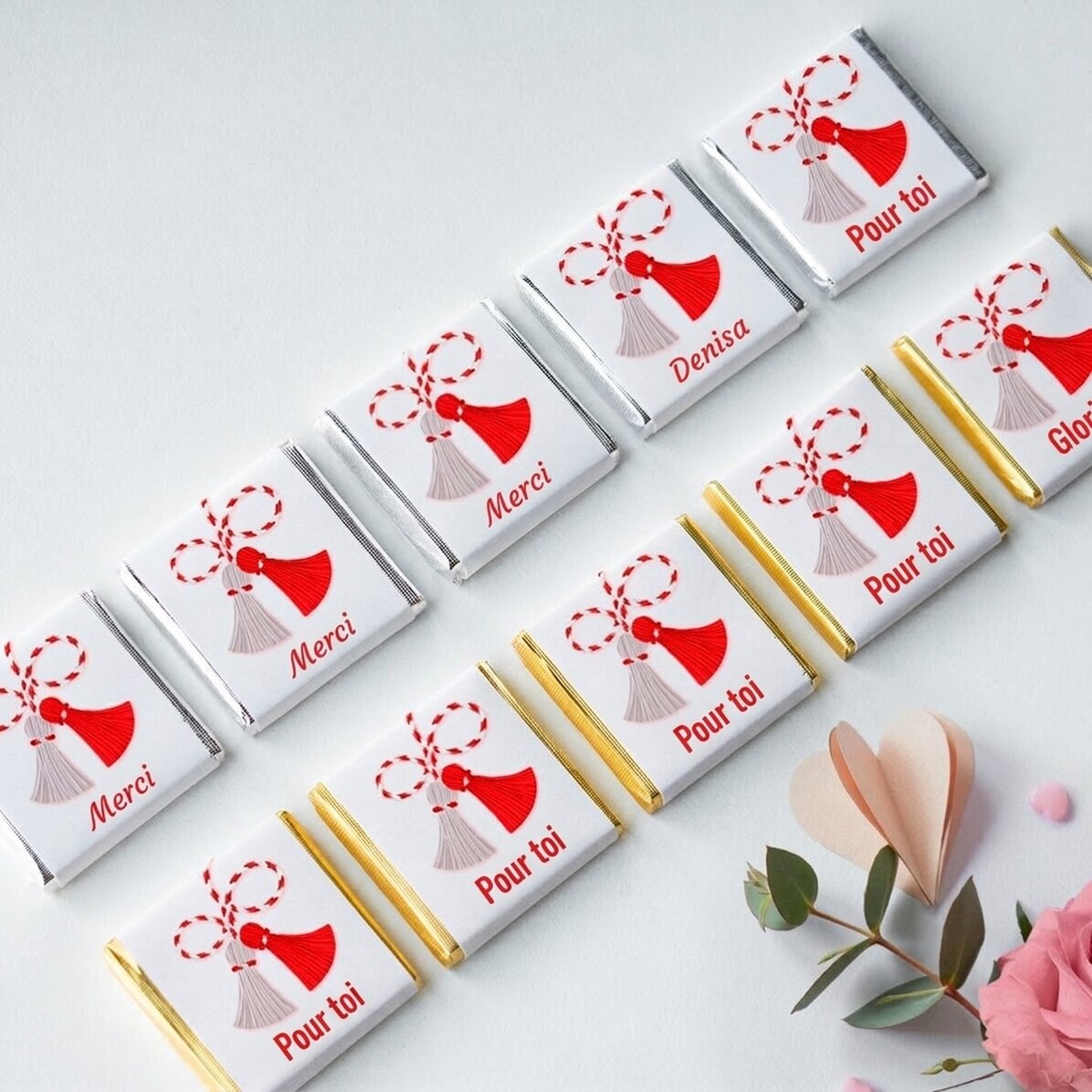 Lot de 10 mini-chocolats personnalisés avec un prénom « doux »