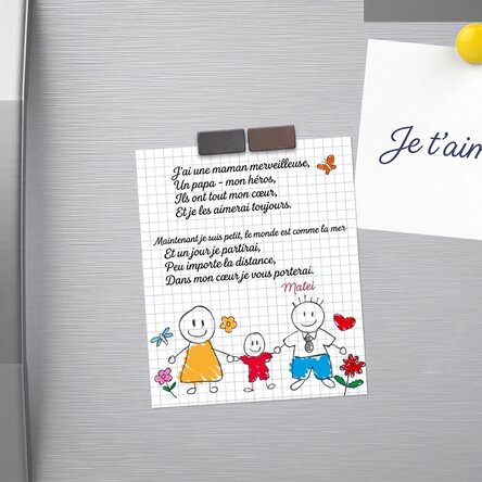 Aimant personnalisé de 10 x 12 cm avec un poème pour les parents - Petit garçon