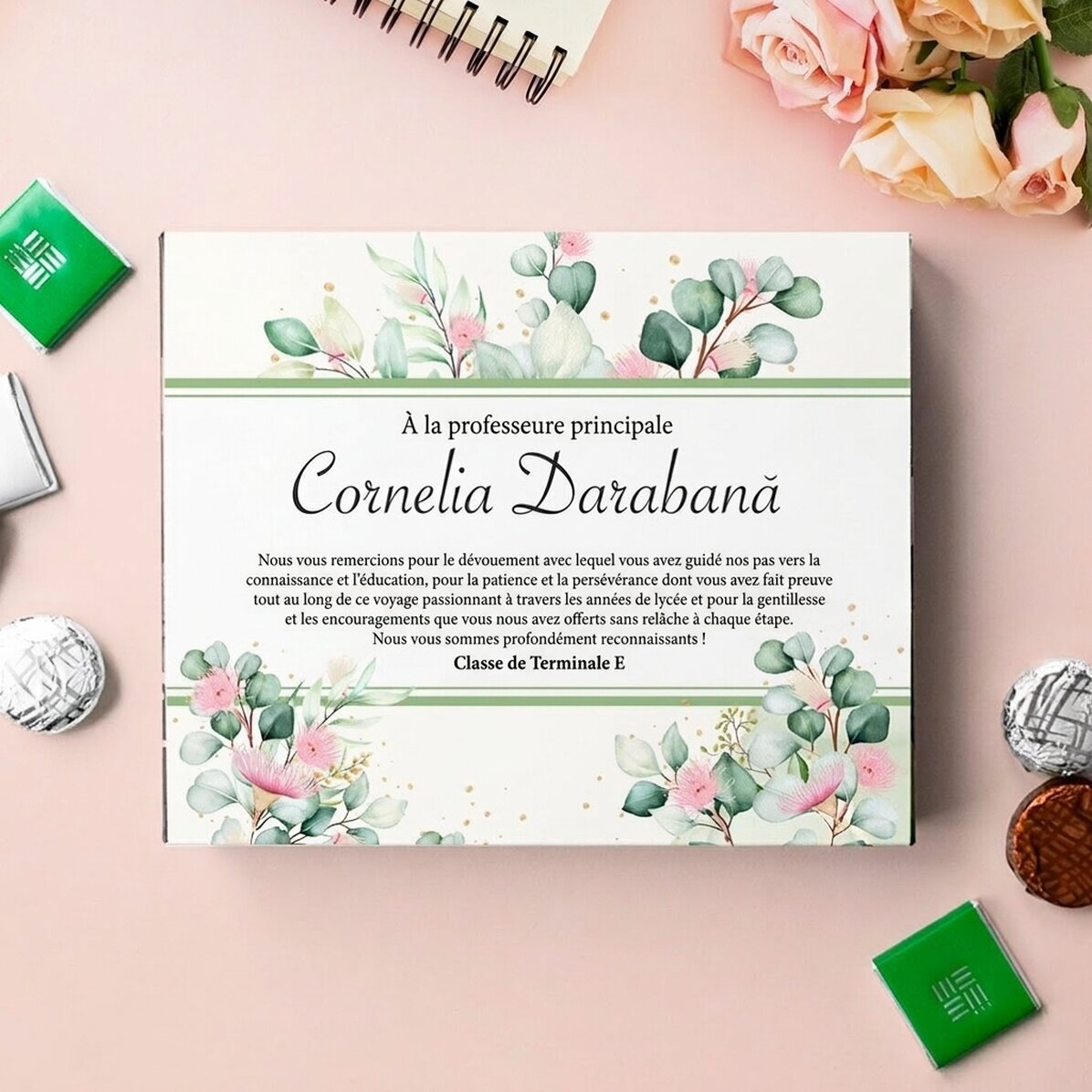 Boîte de bonbons personnalisée avec un message de remerciement pour la professeure principale