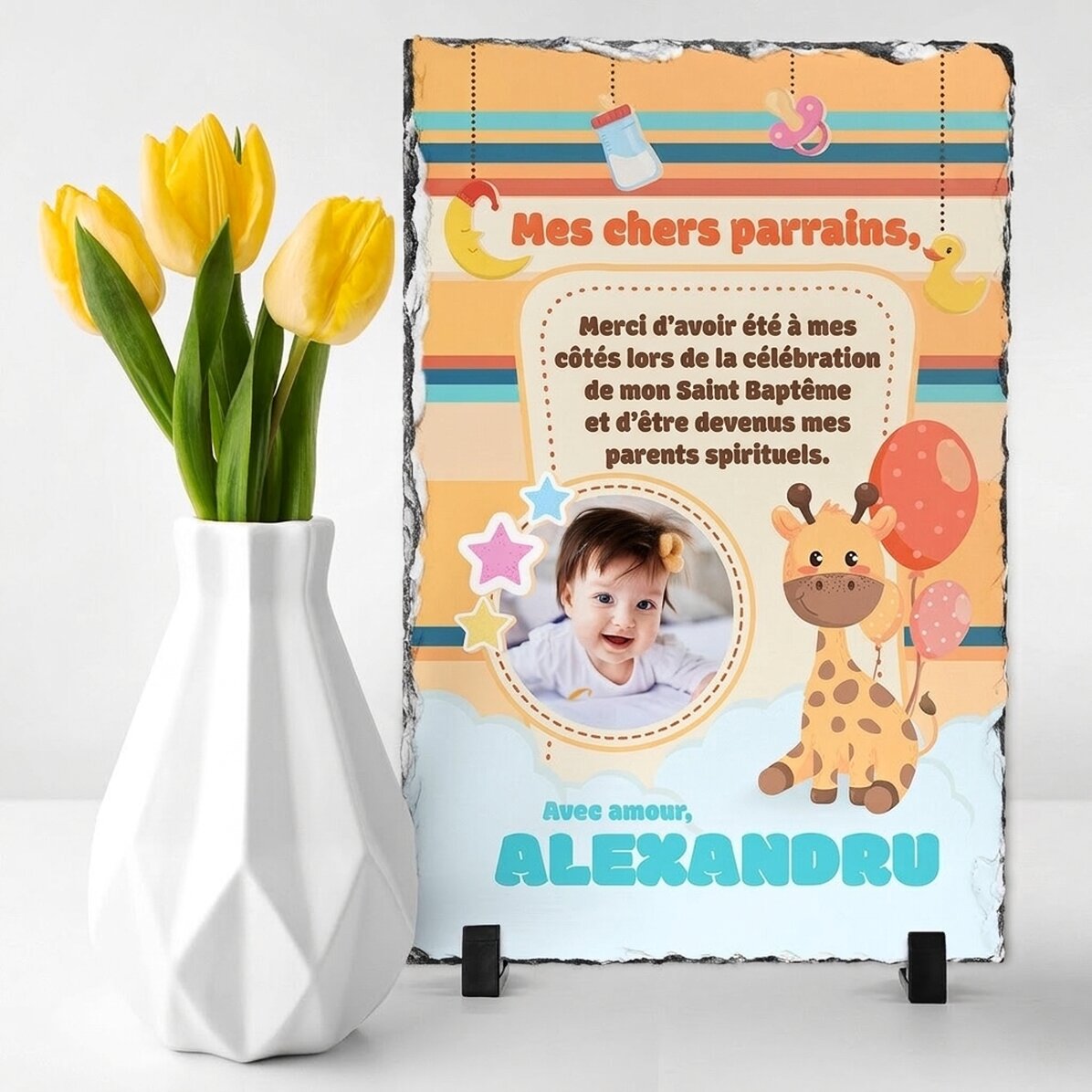 Plaque en ardoise personnalisée avec une photo et un message pour les parrains et marraines de baptê