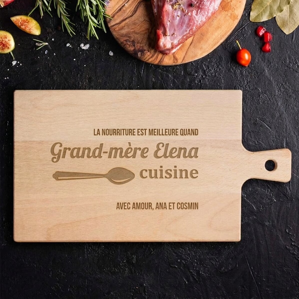 Planche à découper haut de gamme personnalisée avec poignée - « Grand-mère cuisine »