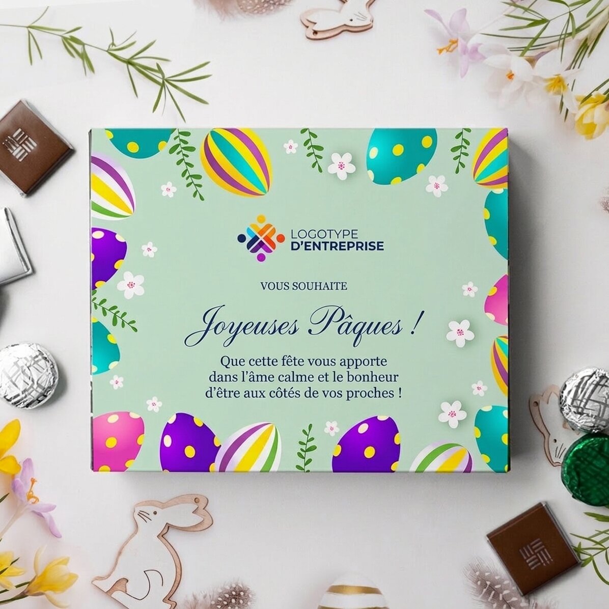 Boîte de bonbons personnalisée avec logo et message - Joyeuses Pâques !
