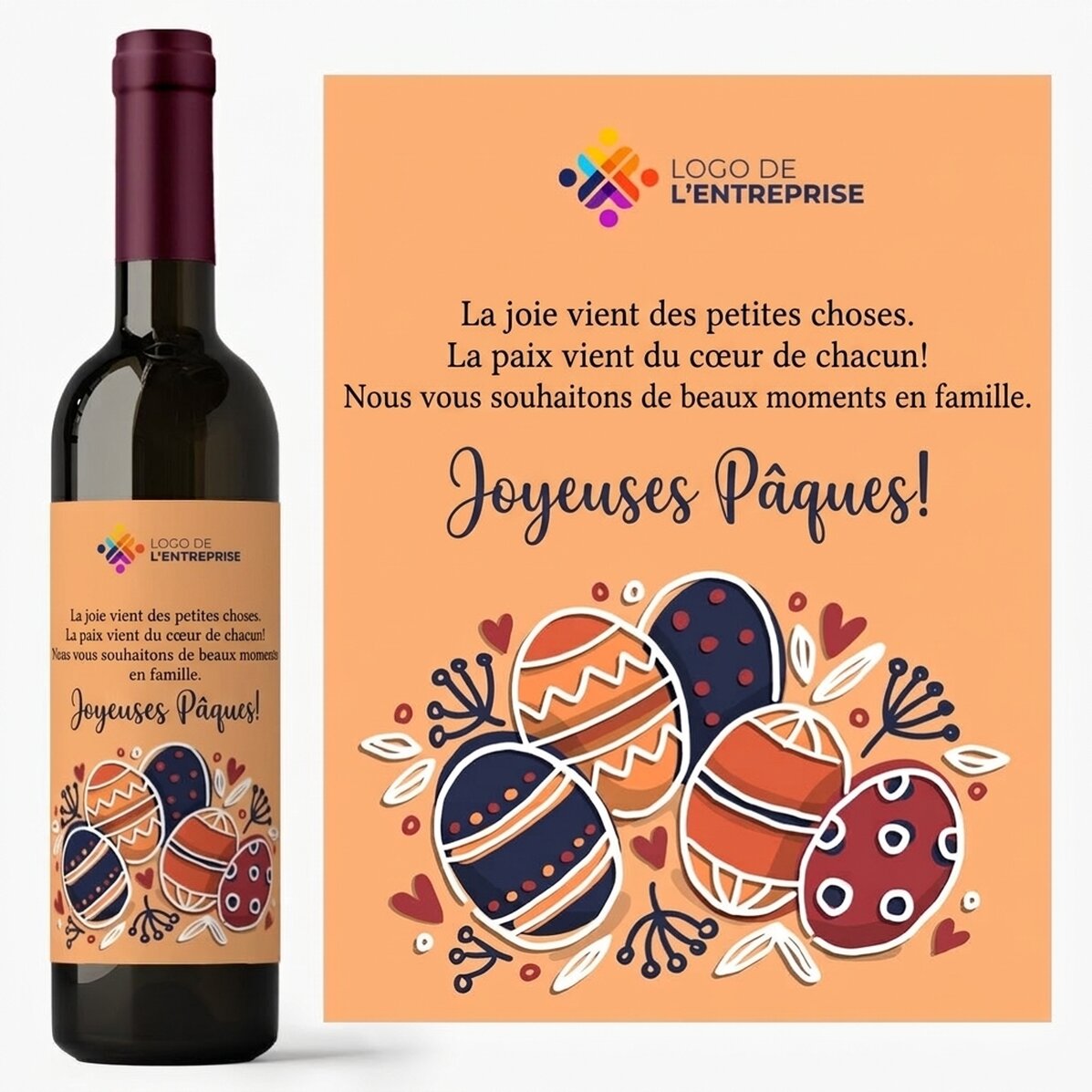 Vin personnalisé avec un texte et un logo pour Pâques