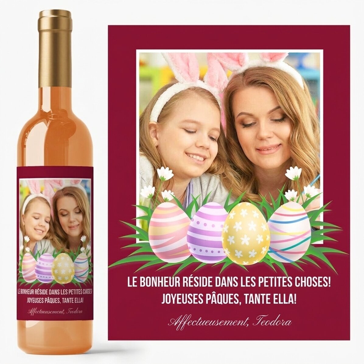 Vin personnalisé avec une photo et un message pour Pâques