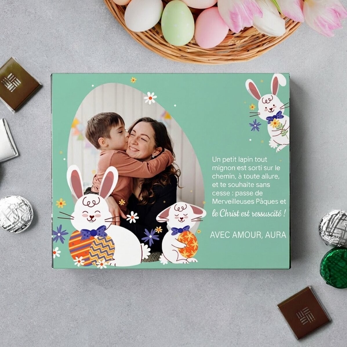 Boîte de bonbons personnalisée avec une photo et un message - Lapin