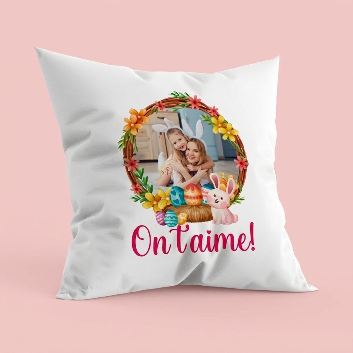 Coussin personnalisé avec texte et photo - Lapin