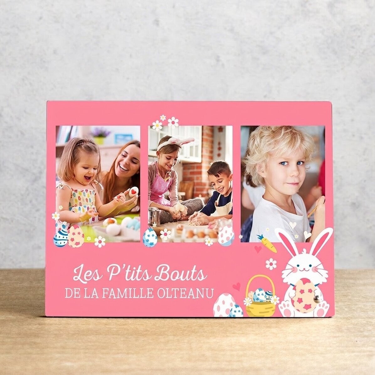 Cadre photo de bureau personnalisé avec 3 photos et un texte pour enfants - Bunny