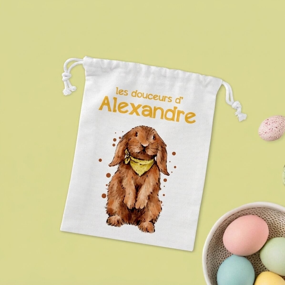 Petit sac cadeau personnalisé avec un message - Le lapin aux bonbons