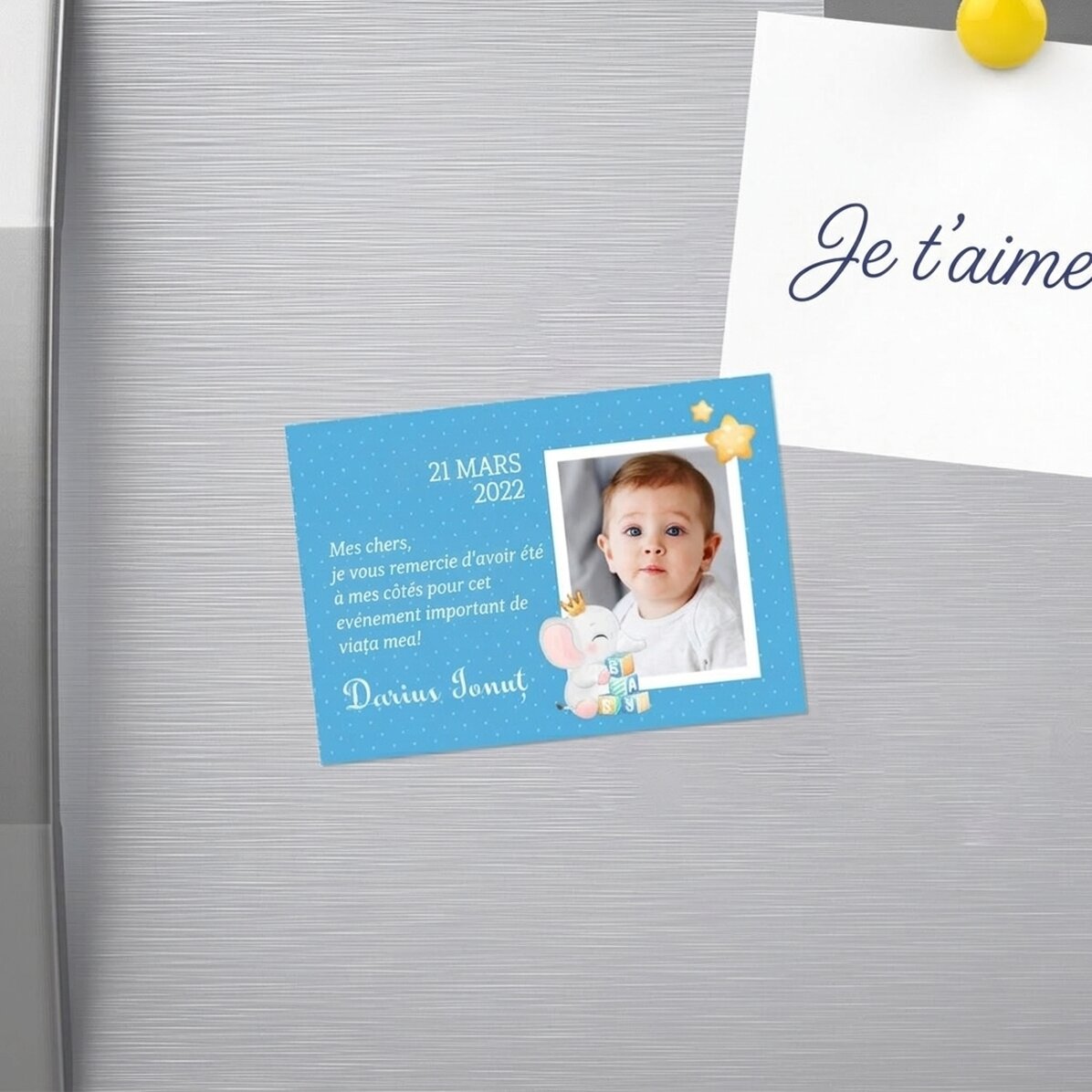 Aimant personnalisé de 10 x 7 cm avec une photo et un texte - Souvenir de baptême