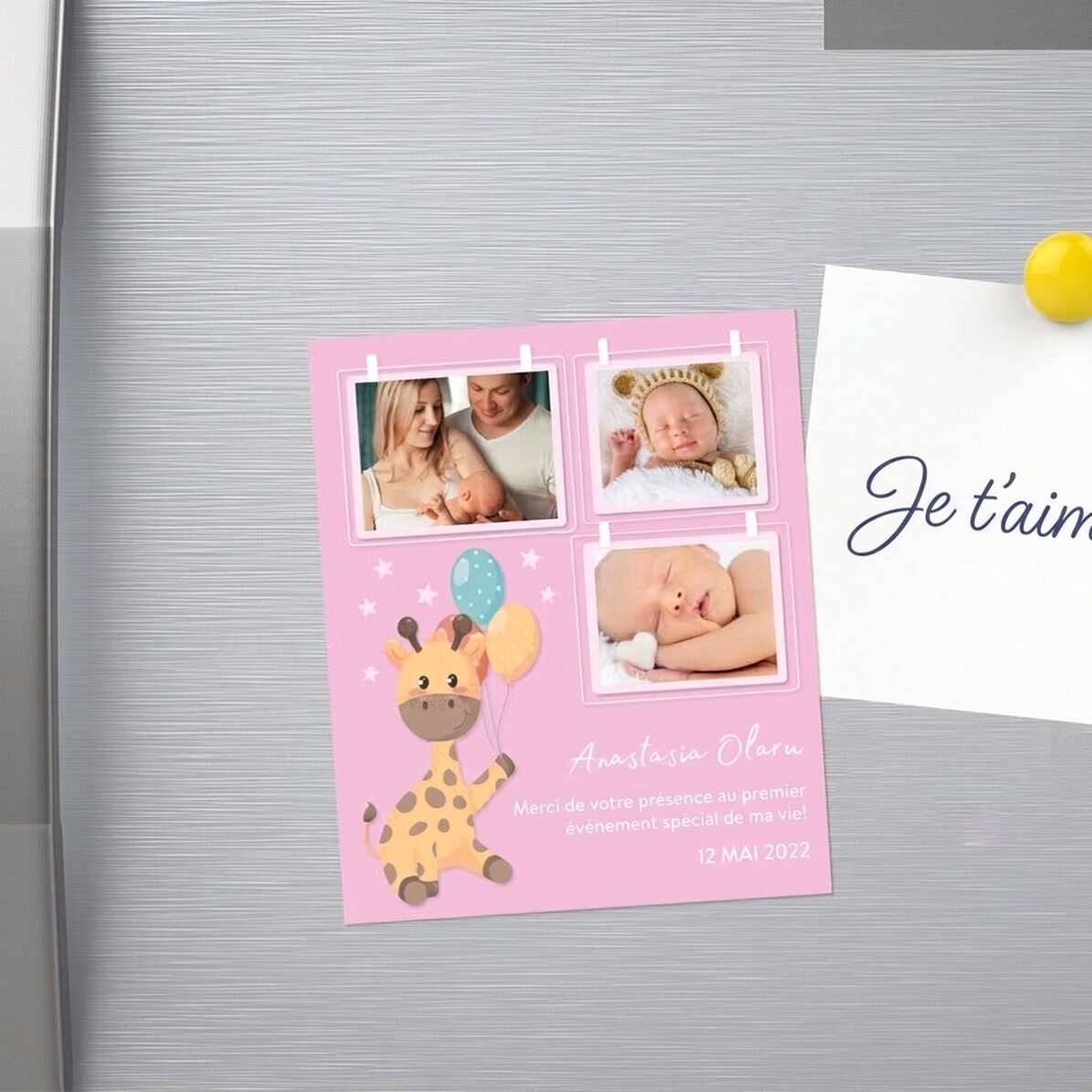 Aimant personnalisé de 10 x 12 cm avec 3 photos et un texte - Bébé